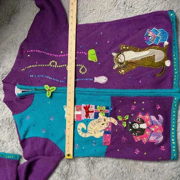 Heirloom Collectibles Vintage Christmas Cat Cardigan Sweater Small Art To Wear - Picture 4 of 13